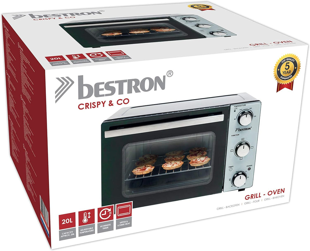 Bestron AOV20 Kompakter Mini-Backofen mit Ober-/Unterhitze, 20 Liter, 1300 W, Edelstahl, Schwarz 20