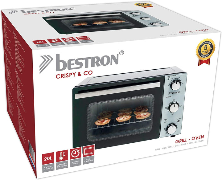 Bestron AOV20 Kompakter Mini-Backofen mit Ober-/Unterhitze, 20 Liter, 1300 W, Edelstahl, Schwarz 20