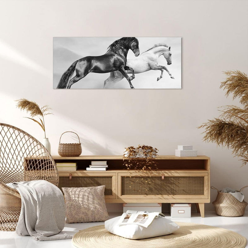 Wandbilder Dekoration Wohnzimmer Pferde Tiere Galopp Wiese Panorama Bilder auf Leinwand 120x50cm Lei