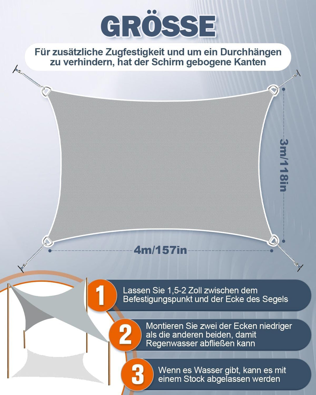 Sonnensegel Wasserdicht 3x4m, HDPE 98% UV Atmungsaktiv, Mit Rostschutz Ösen und 5 * 240cm Befestigun