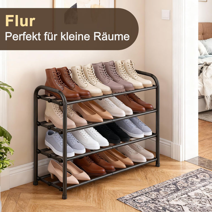 Schuhregal gross schmal ausziehbar 4 Ebenen, Schuhschrank hoch schwarz Metall, Breite 43-78 cm, für