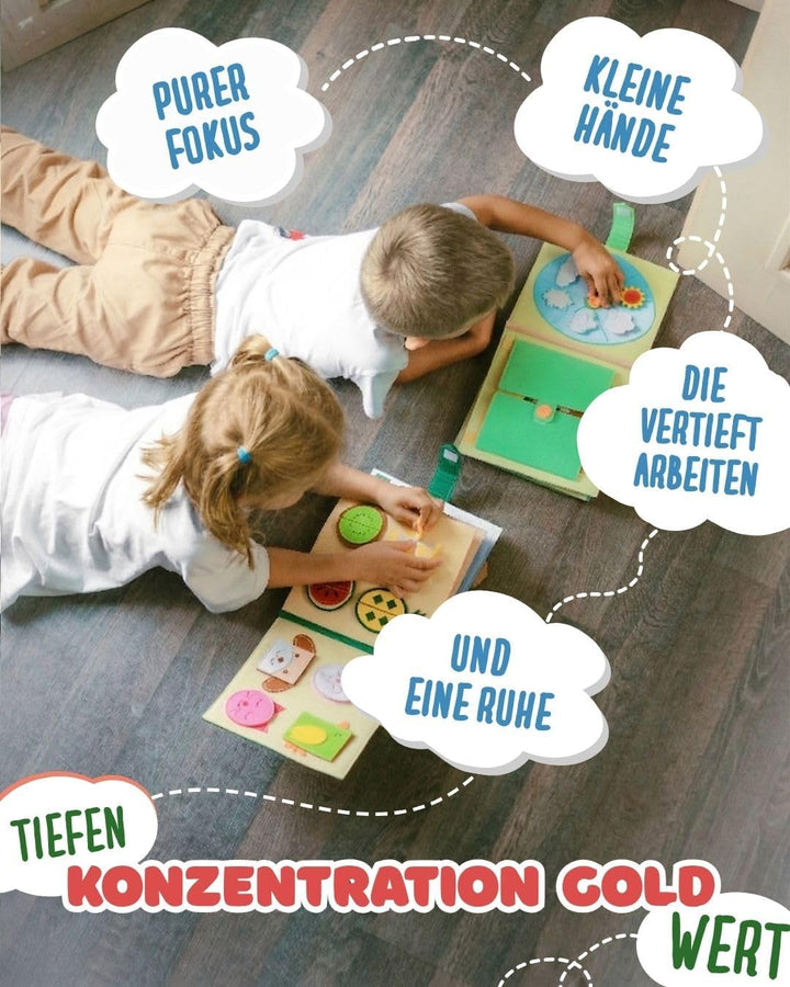 Quiet Book Bauernhof (2 Figuren) – Handgefertigtes Filz-Aktivitätsbuch mit Tier-Fingerpuppen & Trakt