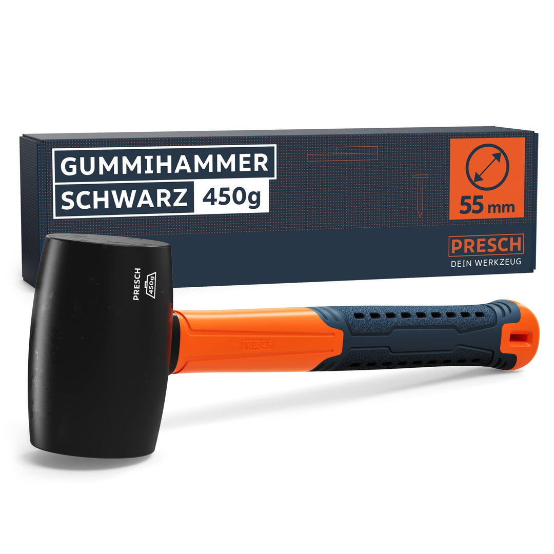 Presch Gummihammer Schwarz 450g - Hartgummihammer mit Fiberglasstiel | ⌀=55mm - Schwarzer Naturkauts
