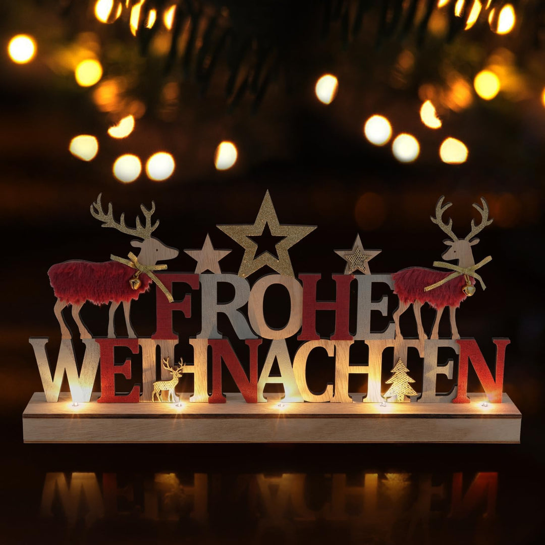 com-four® LED Deko Aufsteller aus Holz - beleuchteter Schriftzug auf Holzsockel - Deko-Schriftzug zu