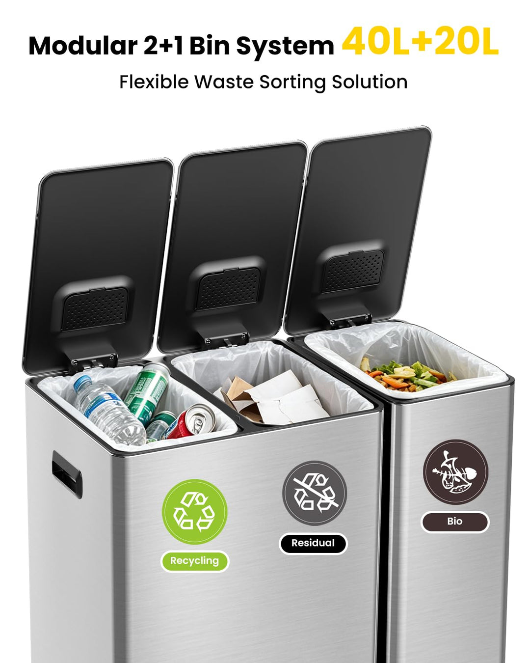 YEAUPE PRO Mülleimer Küche 60L (2x20L + 20L) 3 fächer Treteimer Edelstahl | Recycling Abfalleimer fü