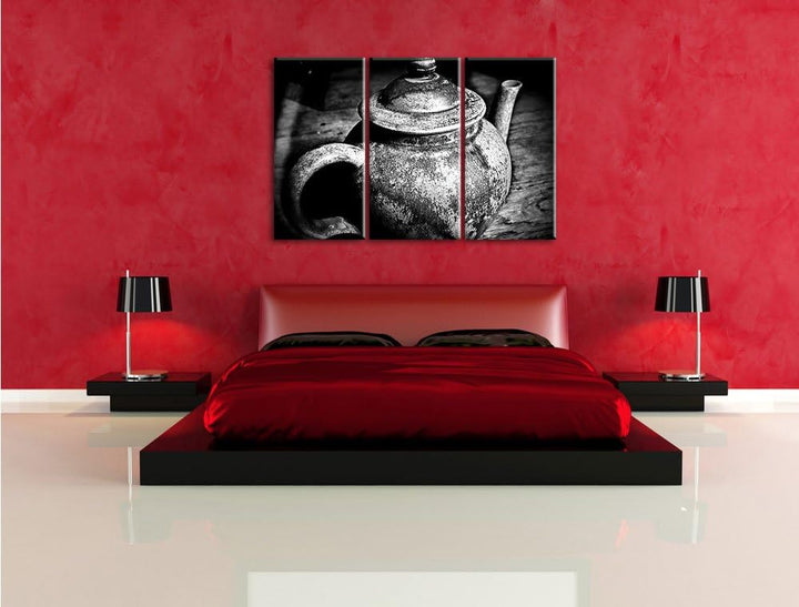 Pixxprint Monocrome, stilvolle alte Teekanne aus Keramik 3-Teiler Leinwandbild 120x80 Bild auf Leinw