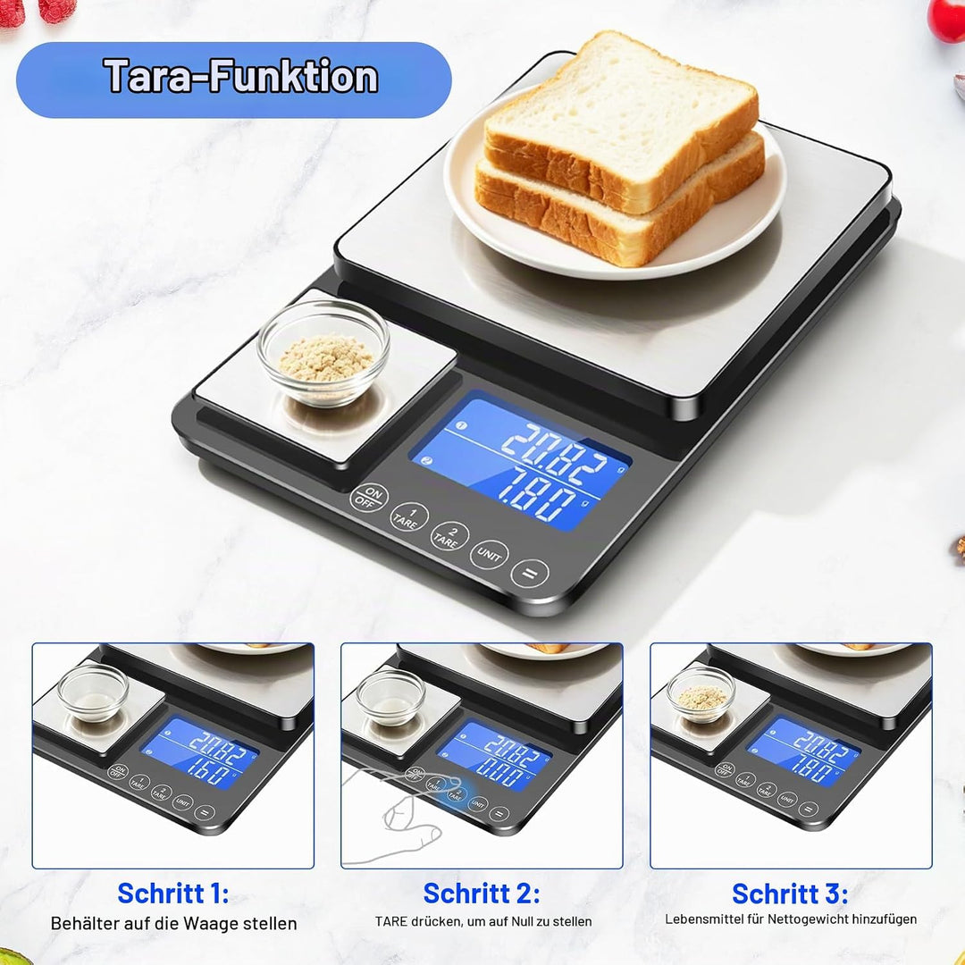 Digitale Küchenwaage mit Dualer Wiegefläche, 15kg/1g &amp; 500g/0.01g Präzisionswaage, Tara &amp; Summierung