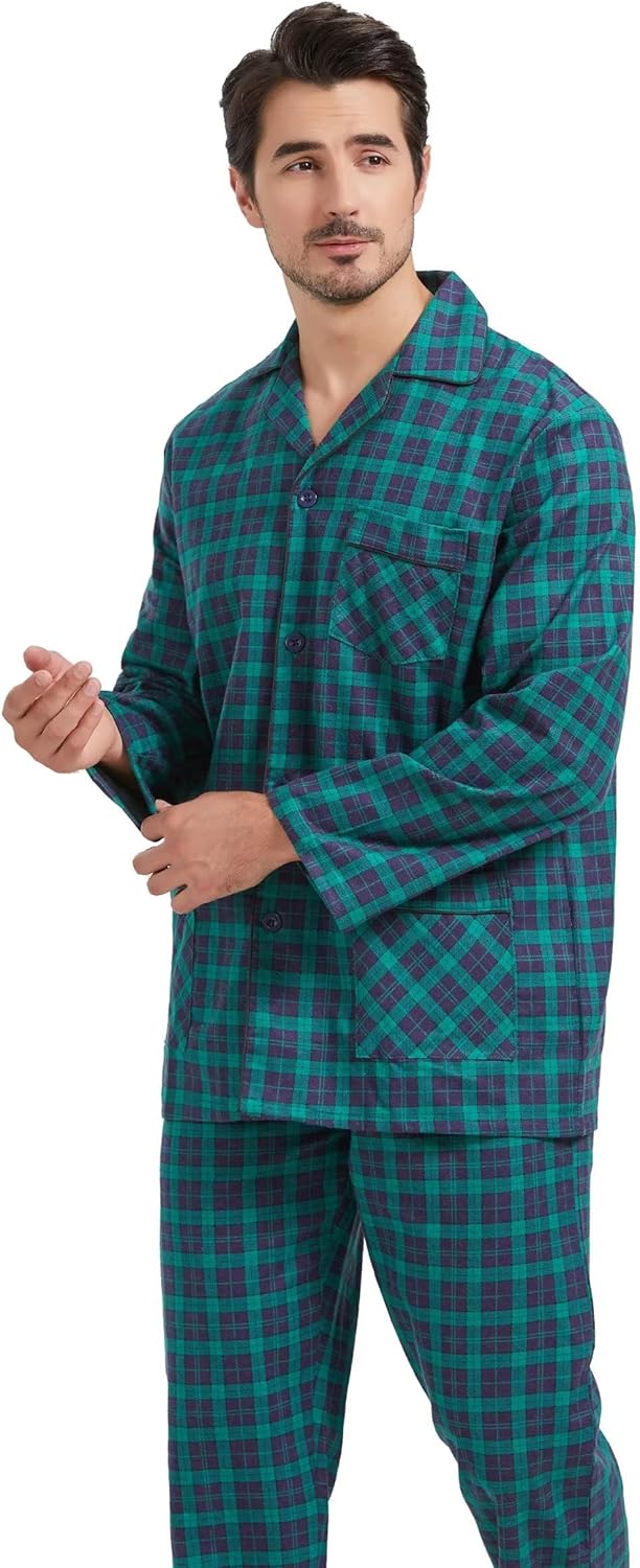 Amaxer Flanell Schlafanzug Herren 100% Baumwolle Pyjama mit Knopfleiste Set Lang Warmer Winter Schla