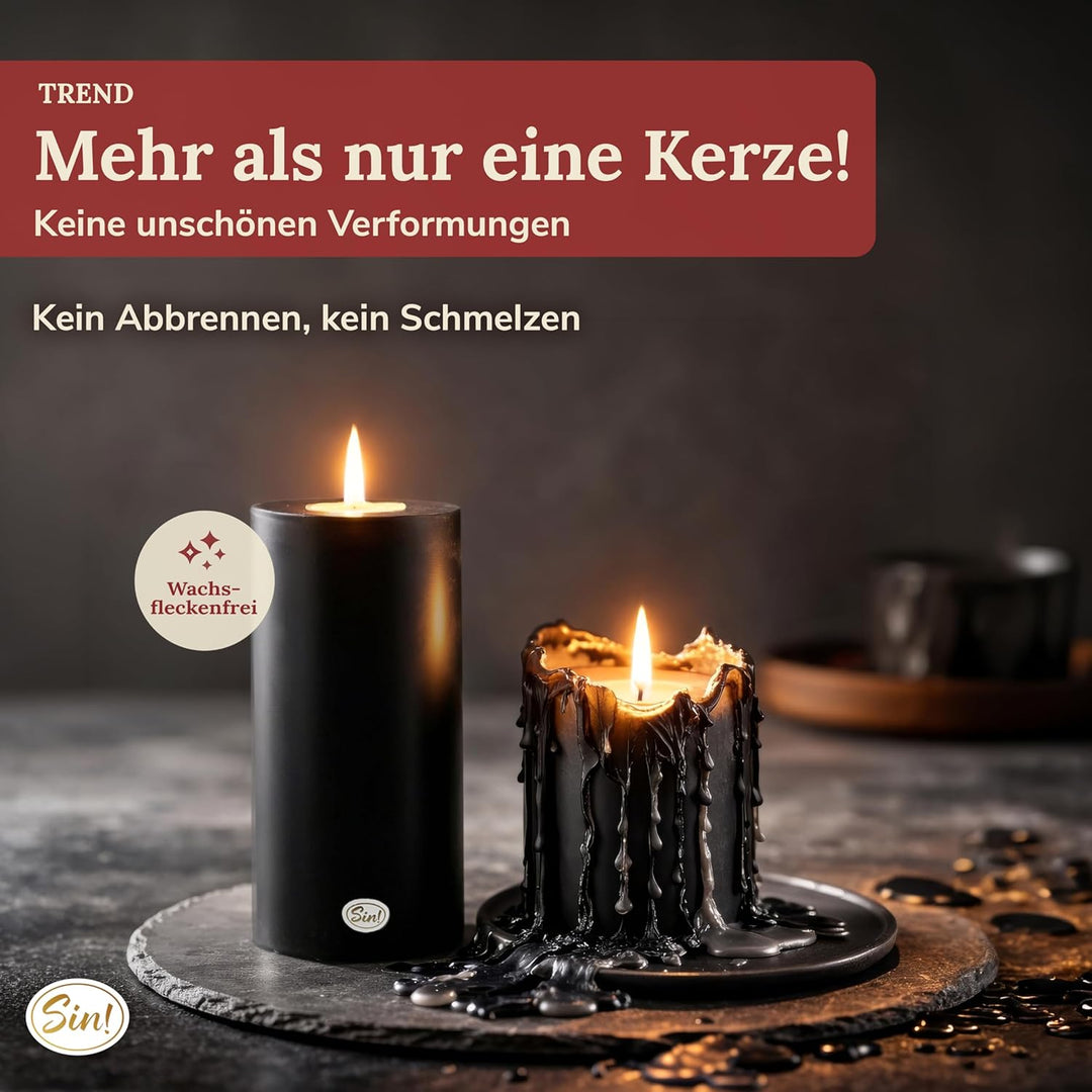 Sin!® 1x Teelichthalter & Dauerkerze Trend SCHWARZ ∅ 8cm Höhe 12cm - Die Kerze die Nicht schmilzt! K