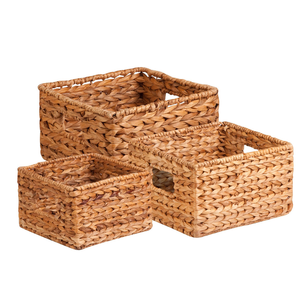 Honey can do DREI gewebte Aufbewahrungskörbe aus Wasserhyazinthe mit Griffen, Bananenblatt, Stahl, N
