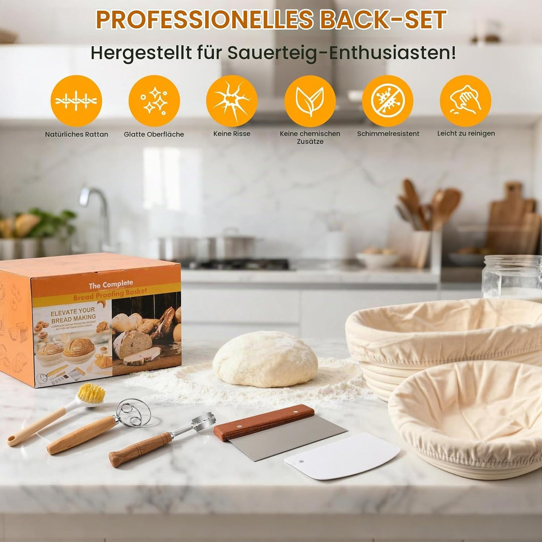 Gärkorb Brot Set, Komplettset Brot Backen Zubehör inkl. Brotgärkorb (23cm rund &amp; 25cm oval), Teigsch