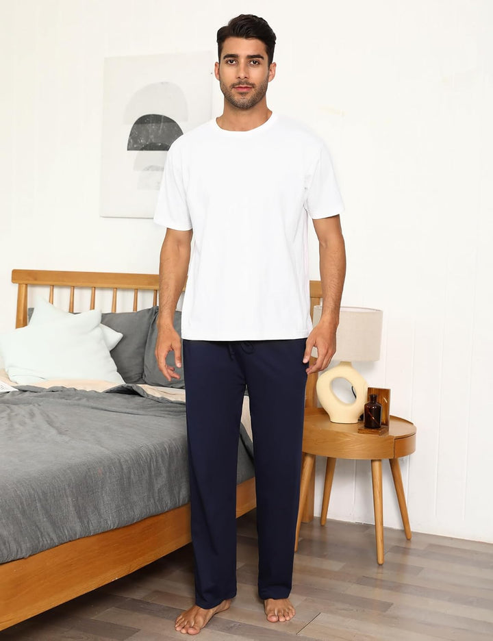 Marvmys 100% Baumwolle Herren Lange Schlafanzughose Einfarbige Pyjamahose Schlafhose Haushose Freize