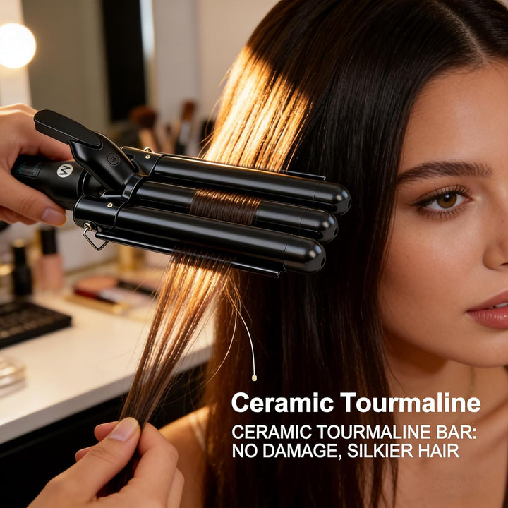 3 Fässer Welleneisen, 25mm Keramik Turmalin Haar Lockenstab Waver Wand mit LCD-Temperaturanzeige, Sc