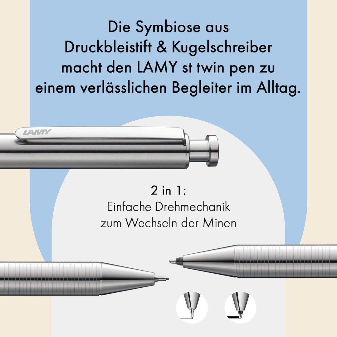 LAMY st twin pen Multifunktionsschreibgerät 645 – Schreiber aus Edelstahl mit integrierter Clip-Drüc