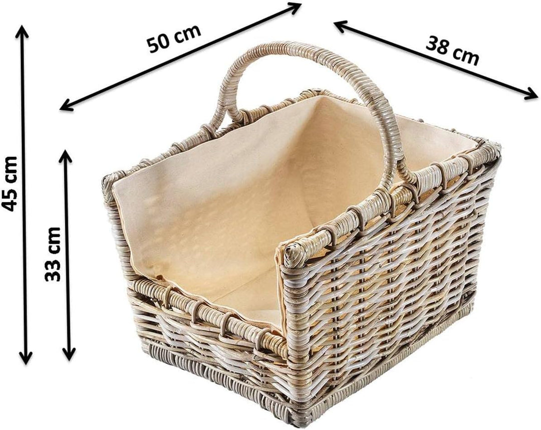 Kobolo Kaminholzkorb Holztrage Holzkorb für Kaminholz Rattan grau mit abnehmbarem, 50x38x33