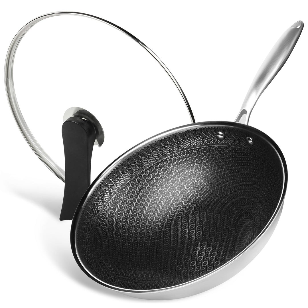 RIOVARM 32cm Edelstahl Wok mit Deckel, Antihaftbeschichtung Flacher Boden Wok-Pfanne, Dreilagig Honi