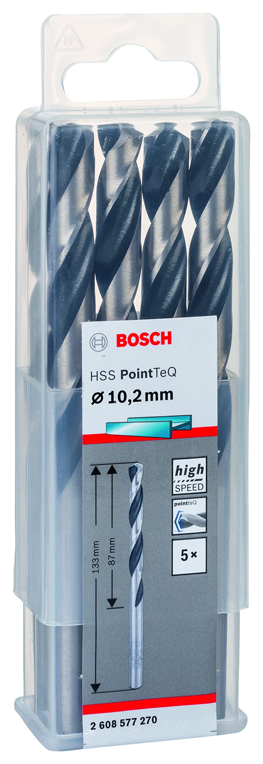 Bosch Professional 5 Stück HSS Spiralbohrer PointTeQ (für Metall, 10,2 x 87 x 133 mm, Zubehör Bohrsc