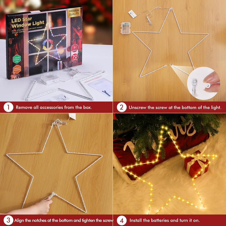 2 Stück LED Weihnachtsstern Beleuchtung, faltbar XXL 50cm Weihnachtsfenster Stern mit 70 warmweissen