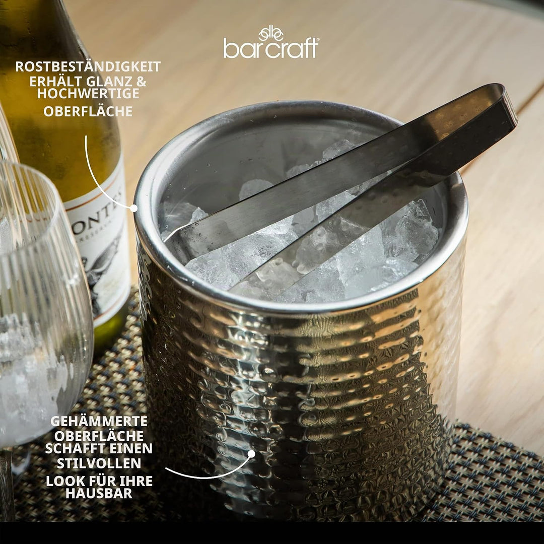 BarCraft Eiskübel, Edelstahleimer mit Deckel und Zange in silberner Hammerschlagoptik, 1,5 Liter, 15