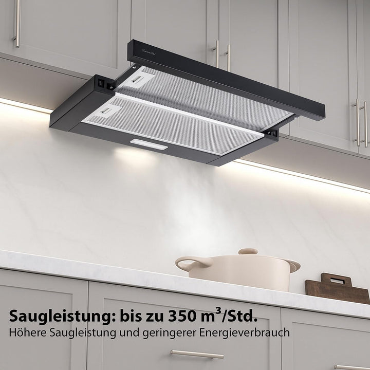 Rosenstein & Söhne Mini-Dunstabzugshaube: Flachschirm-Dunstabzugshaube, Umluft, 350m³/Std. Saugleist