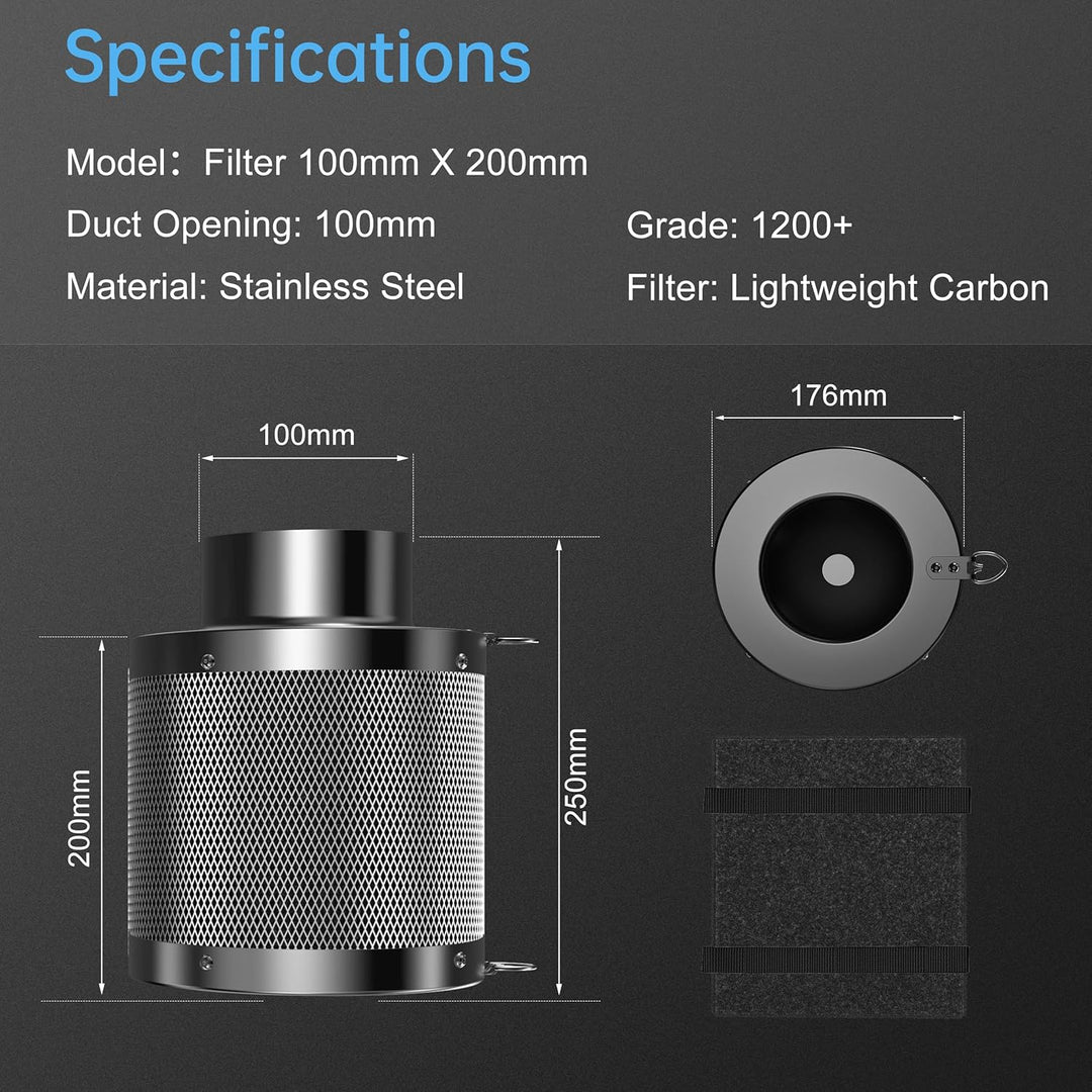 Hon&Guan Aktivkohlefilter 100mm mit Leichtes Carbon 200mm Lang, 38mm Dickes Holzkohlebett für Geruch