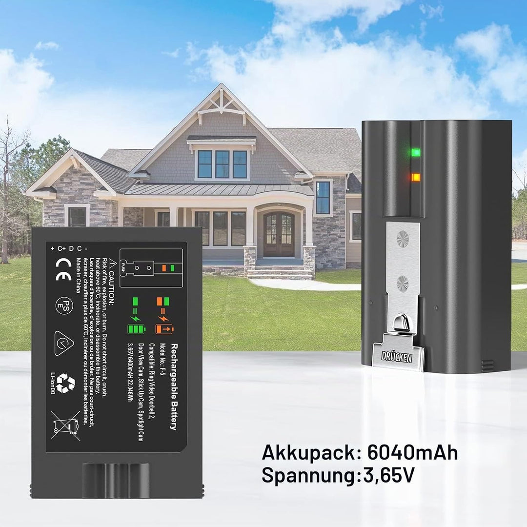 Ersatzakku mit Ring, 3.65V 6040mAh Akku Für Türklingel Kamera 2/3/3+/4, Stick-up,Spotlight Batterien