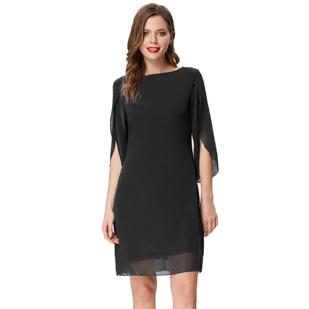GRACE KARIN Damen Kleid Elegant Chiffon Kleid 3/4 Ärmel Loose Abend Cocktailkleid M Schwarz, M Schwa