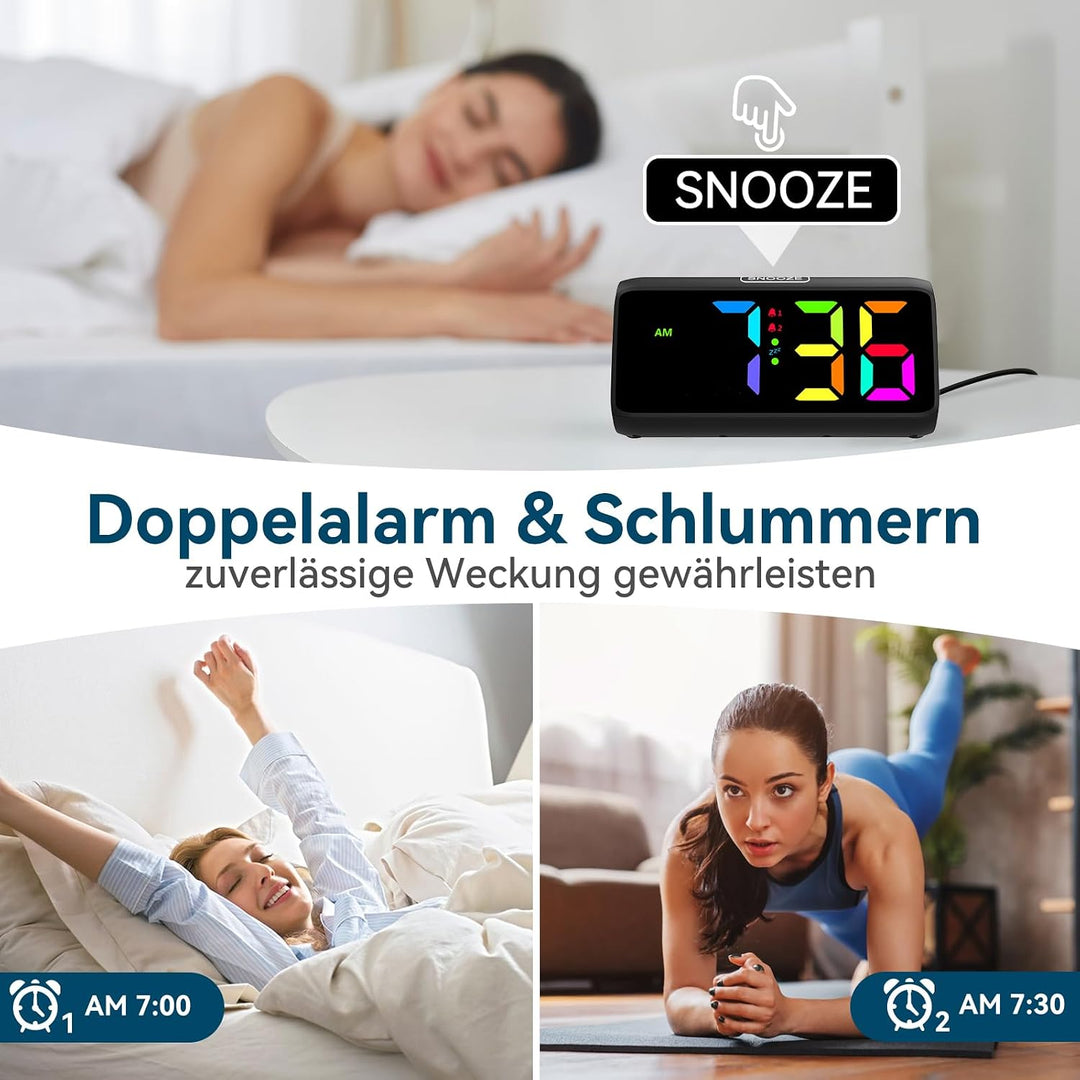 Lauter Wecker für Tiefschläfer, Wecker Digital mit Bunte Display, Doppelalarm, 5 Helligkeitsdimmer,