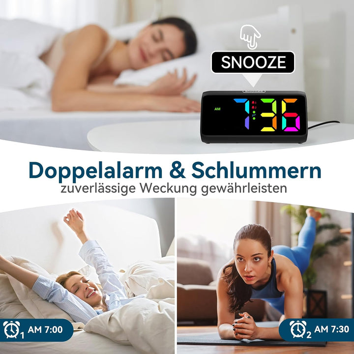 Lauter Wecker für Tiefschläfer, Wecker Digital mit Bunte Display, Doppelalarm, 5 Helligkeitsdimmer,