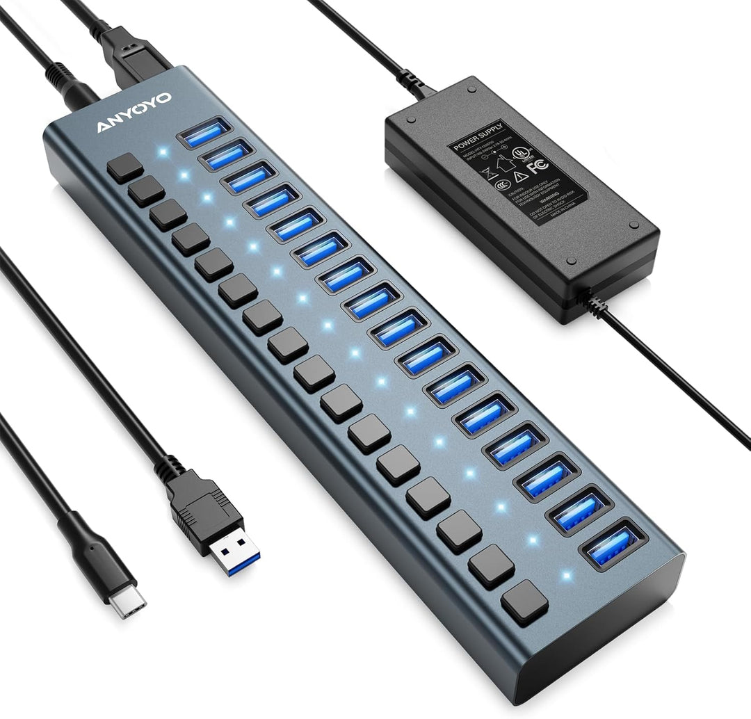 Powered USB Hub - 16 Ports 90W USB 3.0 Data Hub - mit Individuellen EIN-/Ausschaltern und 12V/7.5A N