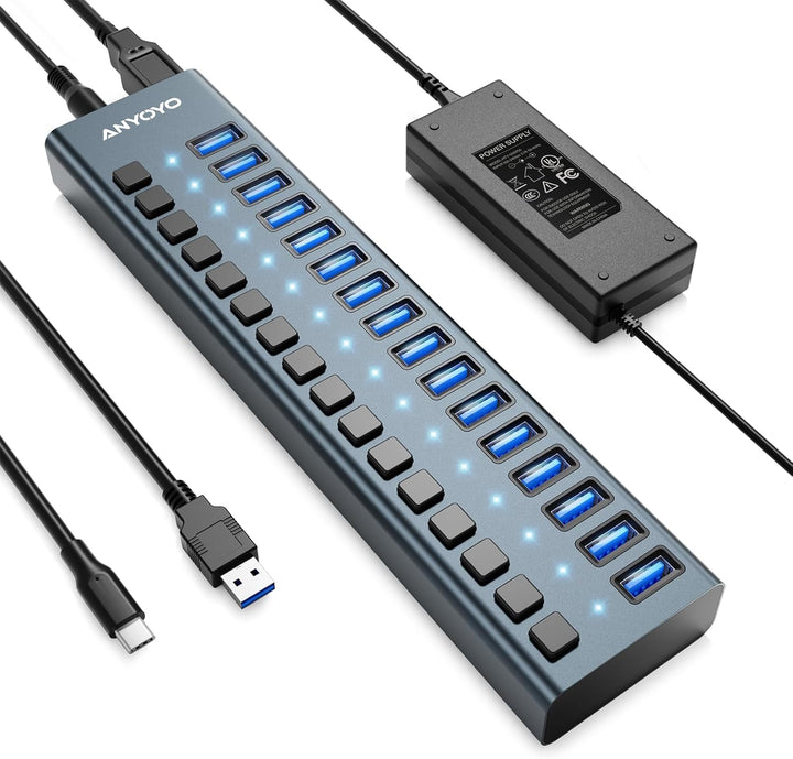 Powered USB Hub - 16 Ports 90W USB 3.0 Data Hub - mit Individuellen EIN-/Ausschaltern und 12V/7.5A N