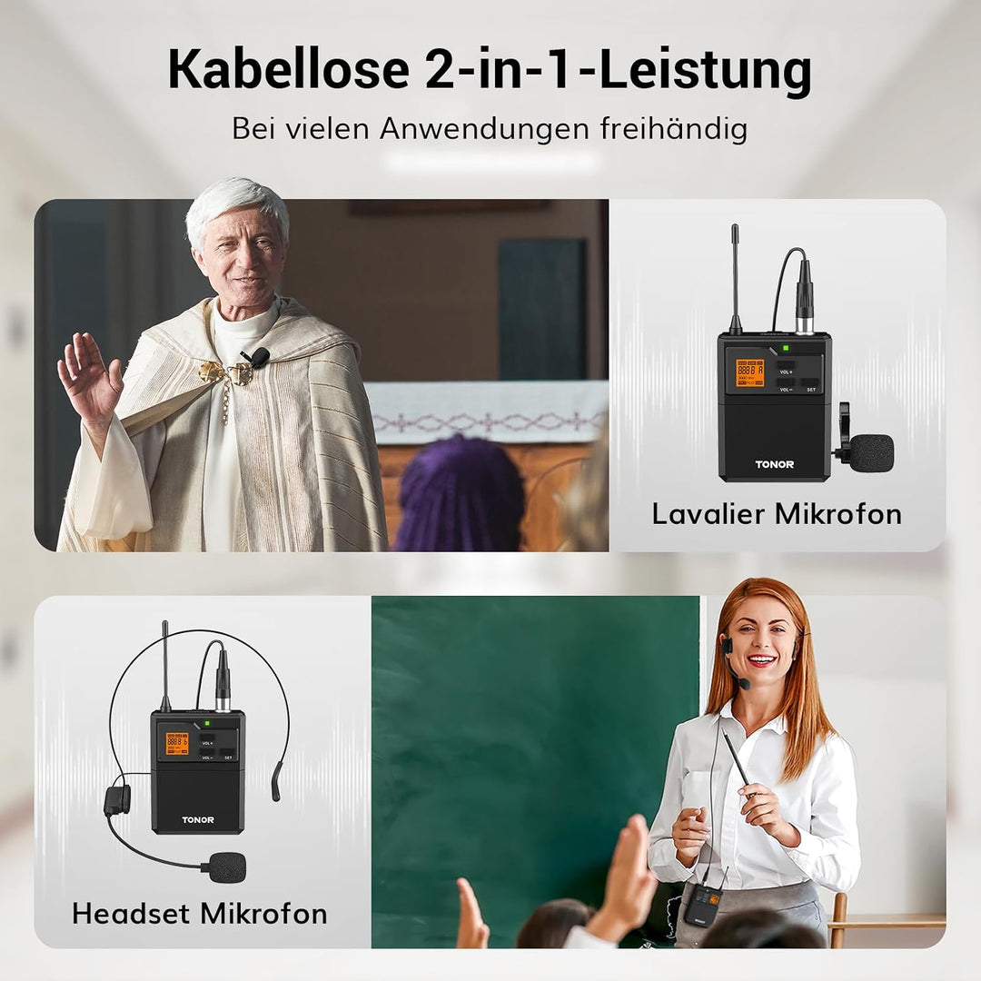 TONOR 4-Kanal UHF Mikrofon Kabellos Set mit 4 Bodypack Transmitter/Headset/Lavalier Wireless Microph