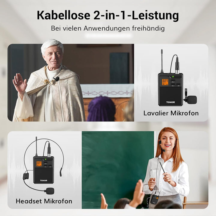 TONOR 4-Kanal UHF Mikrofon Kabellos Set mit 4 Bodypack Transmitter/Headset/Lavalier Wireless Microph