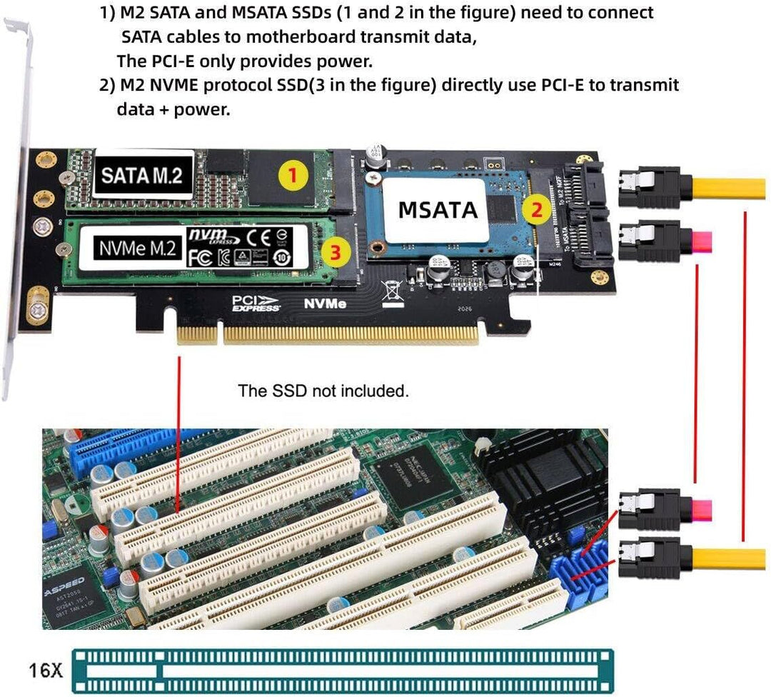 Cablecc PCI Express PCI-E 3.0 & Dual SATA auf NGFF NVME MSATA M-Key B/M-Key SSD Card Adapter 3-in-1