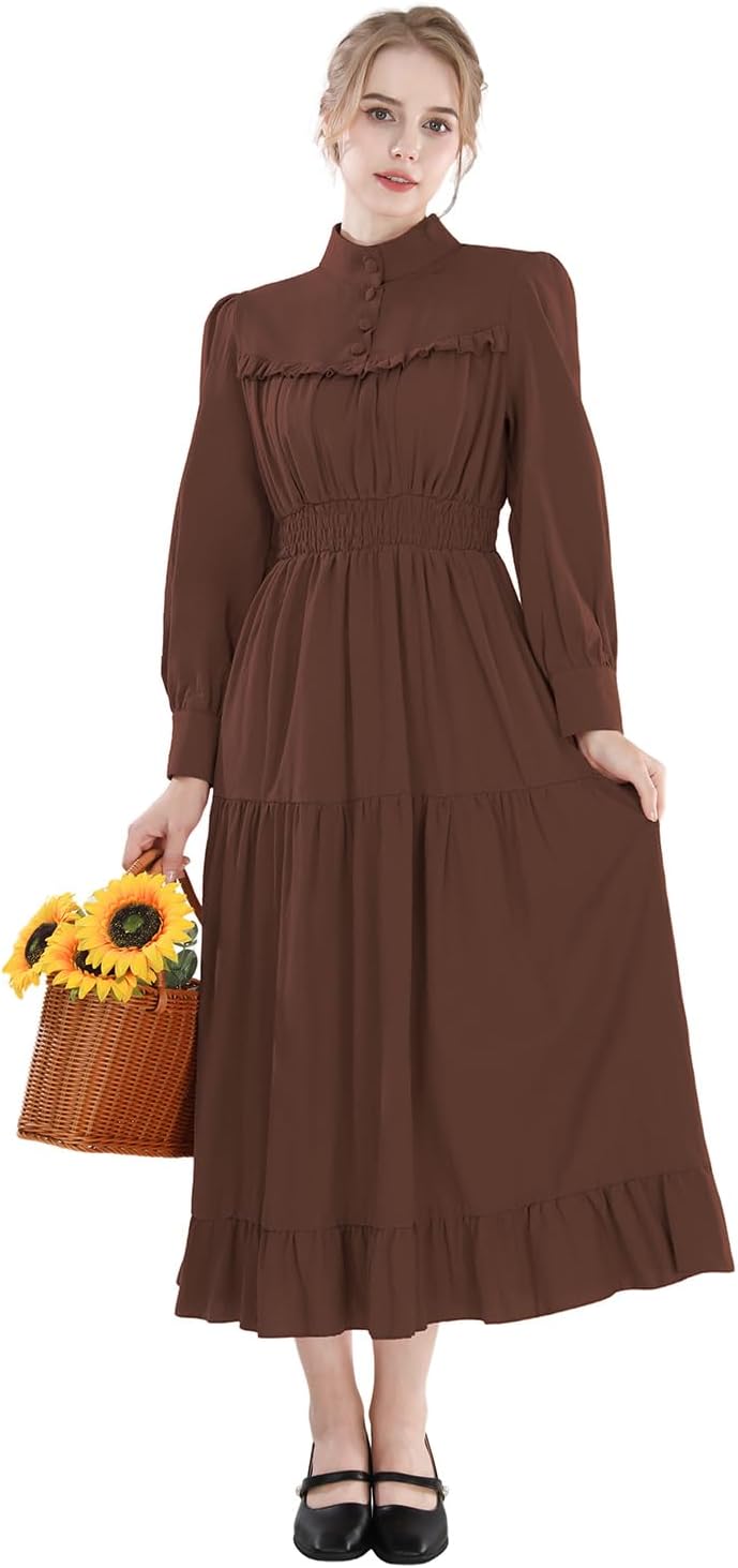 CR ROLECOS Mittelalter Kleidung Damen Viktorianisches Kleid Langarm A-Linie Vintage Edwardianisches