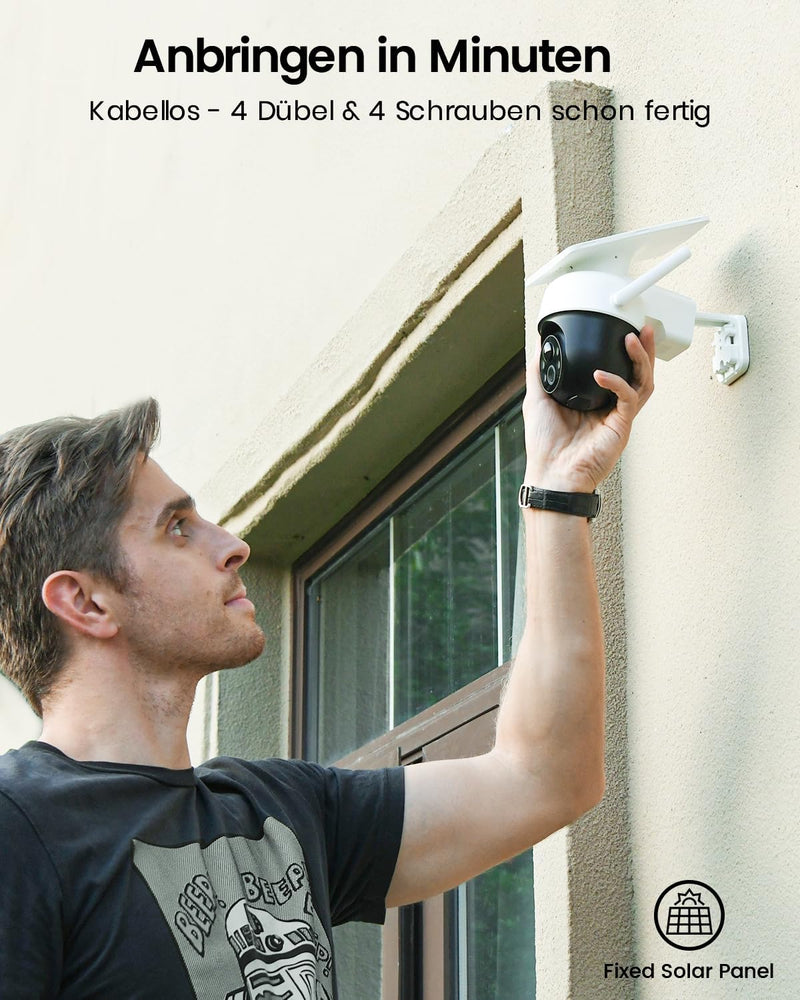 AOSU 2K überwachungskamera Aussen Akku Solar, Kamera Outdoor mit Installationsfreie Solarpanel, 360