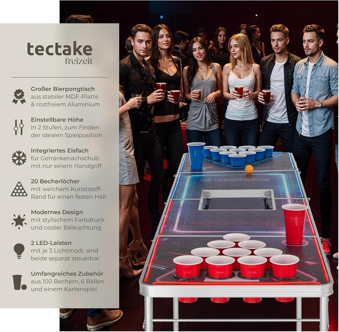 tectake® Bierpong Tisch mit Eiskühler und mit Party Deko LED Beleuchtung, Tisch höhenverstellbar, Kl