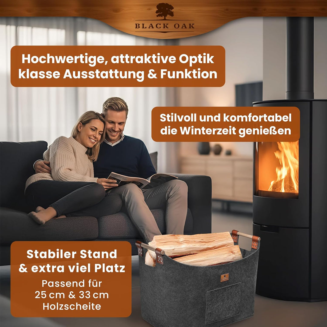 BLACK OAK Holzkorb MONTANA XXL 100L 60x36x45cm Filzkorb für Holz grau | Echt-Leder Applikation + bre