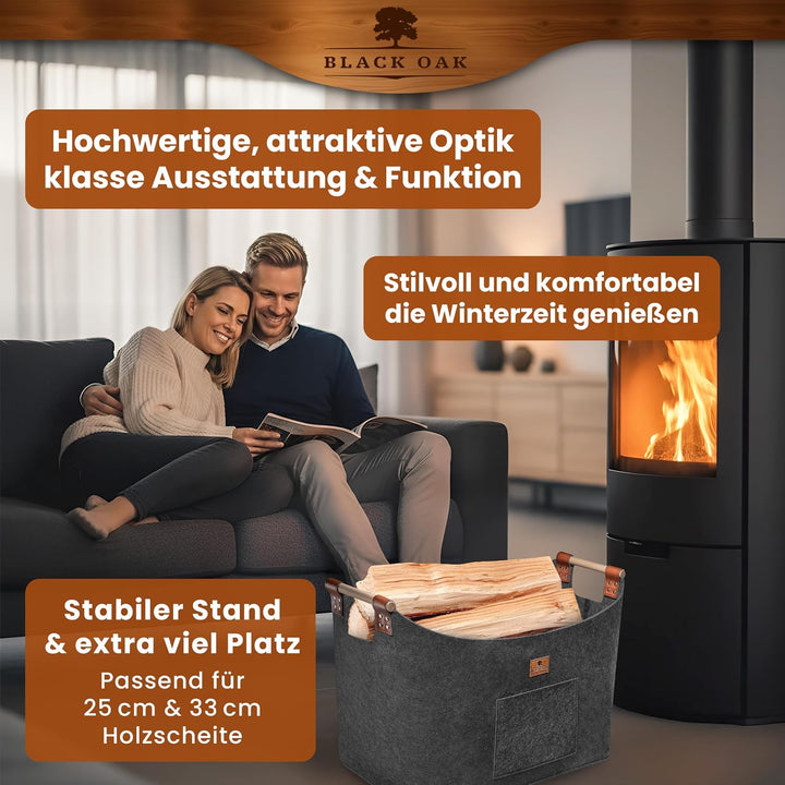 BLACK OAK Holzkorb MONTANA XXL 100L 60x36x45cm Filzkorb für Holz grau | Echt-Leder Applikation + bre