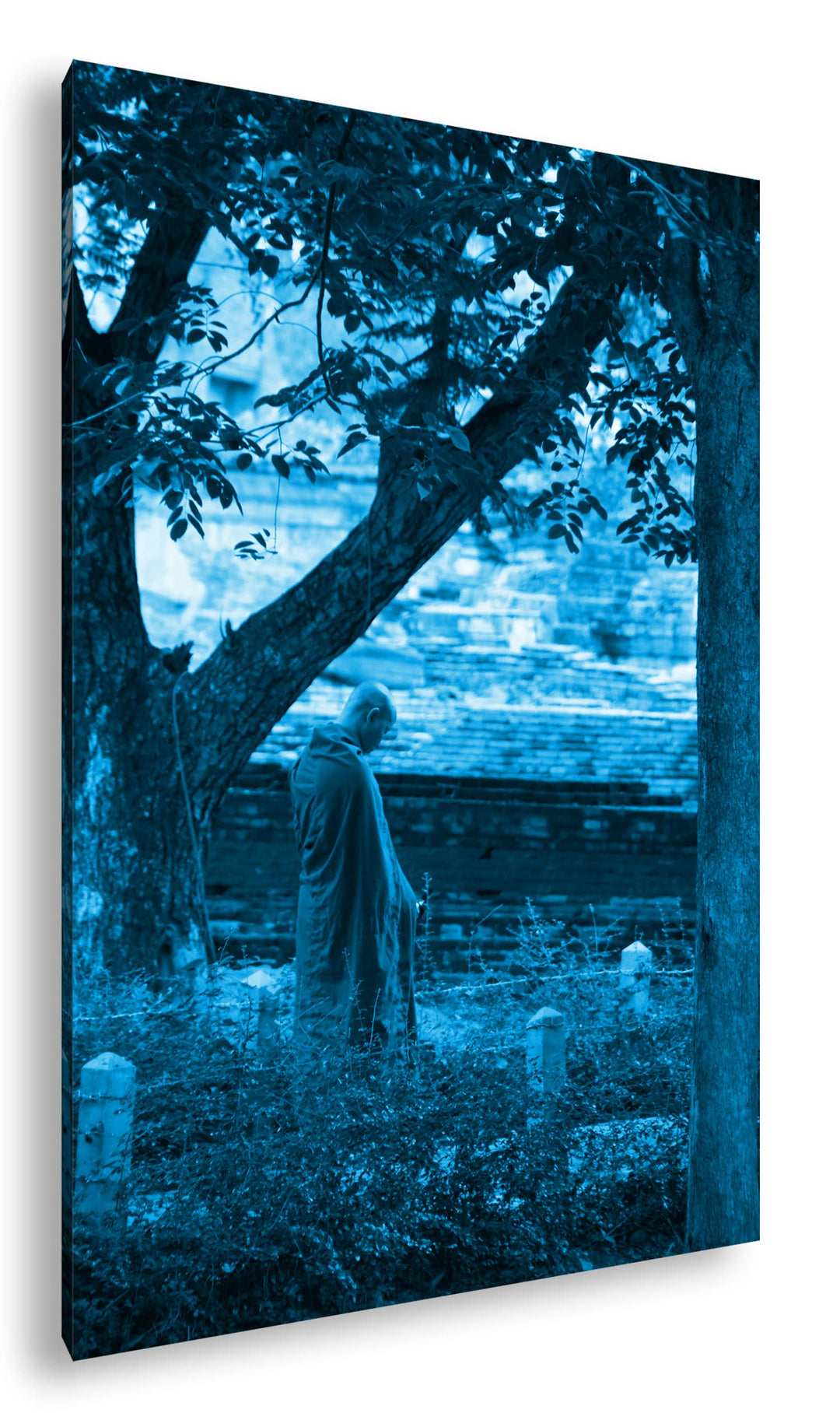 deyoli Friedlicher Mönch Format 80x60 Effekt: Monocrome Blau als Leinwandbild, Motiv fertig gerahmt