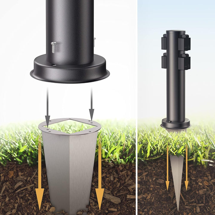 ledscom.de Garten-Steckdosen-Säule PORU mit Erdspiess für aussen, 4-Fach, Edelstahl, schwarz, rund,