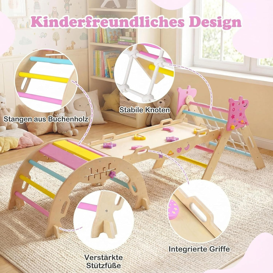 COSTWAY Klettergerüst Indoor 3er Set, klappabres Kletterdreieck mit Rutsche, Kletterbogen, Netz, ink