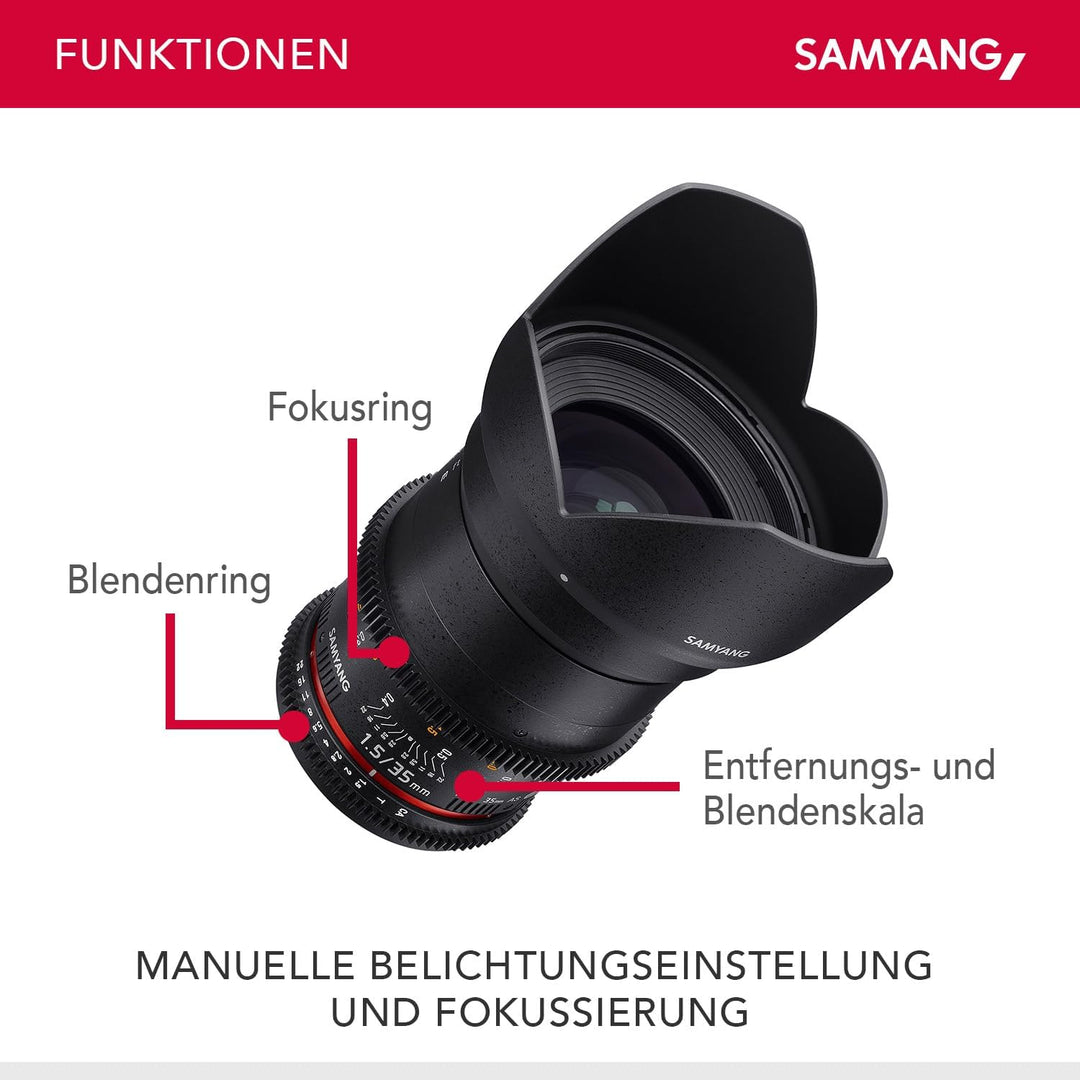 SAMYANG 7810 35/1,5 Objektiv Video DSLR II Canon EF manueller Fokus Videoobjektiv 0,8 Zahnkranz Gear