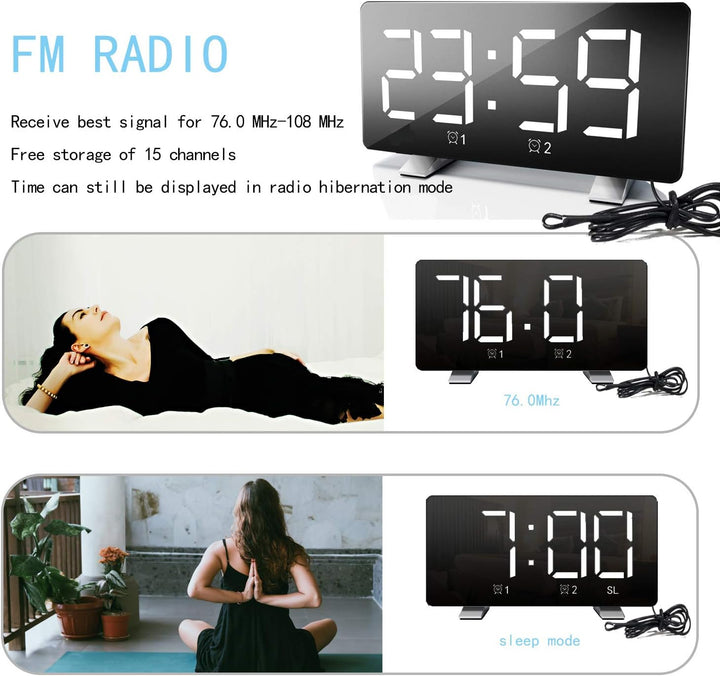 ThreeH Radiowecker für Schlafzimmer mit Zwei USB-Ladeanschlüssen 4 Dimmmodus 7,3'' LED-Bildschirm 12