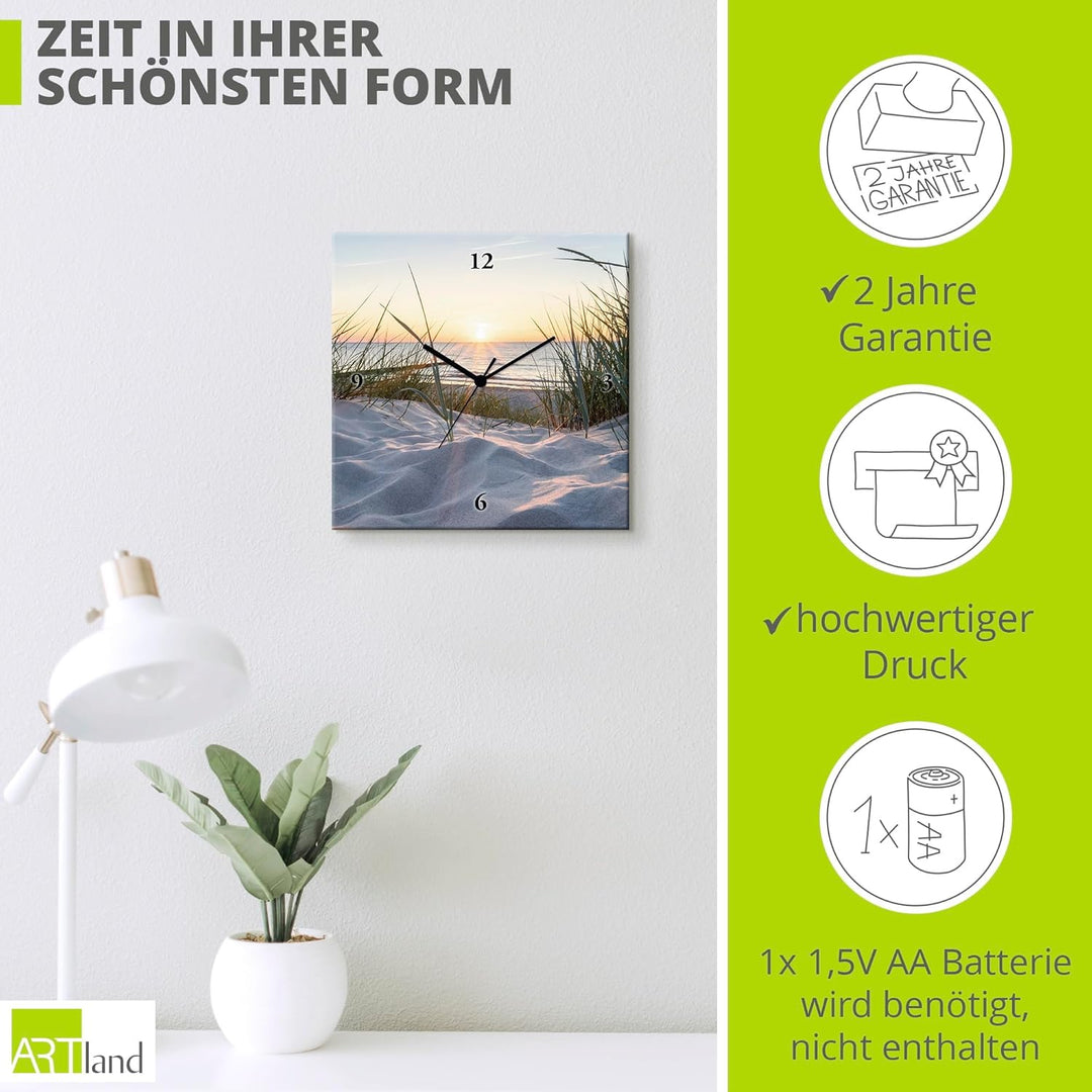 ARTLAND Wanduhr ohne Tickgeräusche Leinwand Funkuhr 30x30 cm Quadratisch Lautlos Strand Meer Ostsee