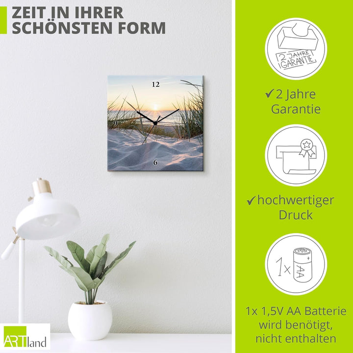 ARTLAND Wanduhr ohne Tickgeräusche Leinwand Funkuhr 30x30 cm Quadratisch Lautlos Strand Meer Ostsee