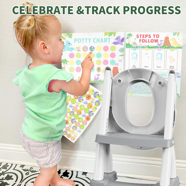 Toilettensitz Kinder mit Treppe, Höhenverstellbar Faltbarer 2-in-1 Toilettensitz Kinder mit Gepolste