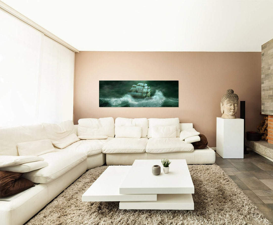 Paul Sinus Art Panoramabild auf Leinwand und Keilrahmen 150x50cm Meer Wellen Sturm Segelschiff Nacht