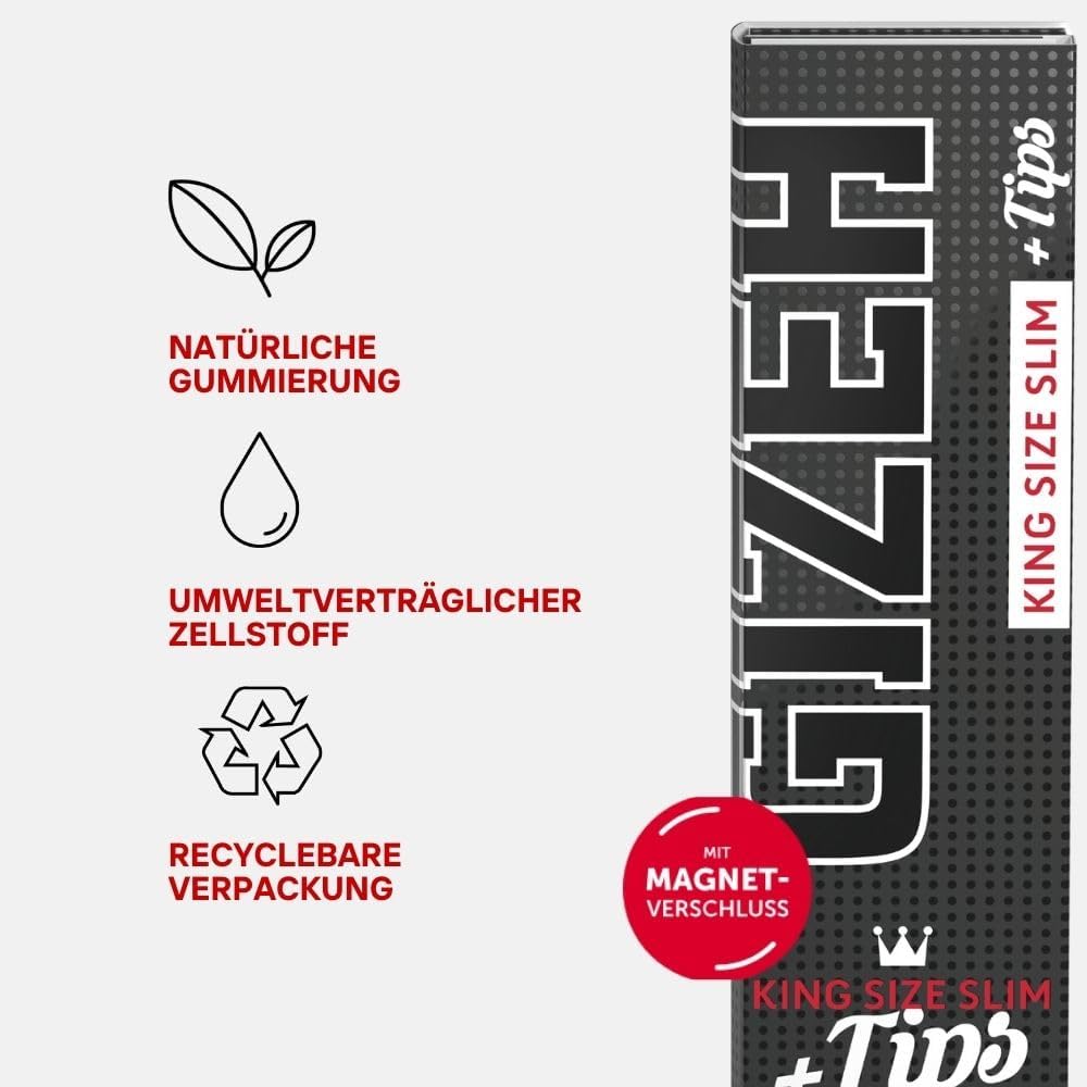 GIZEH BLACK King Size Slim + Tips - Blättchen zum Drehen - Packung mit Magnetverschluss, recyclebar