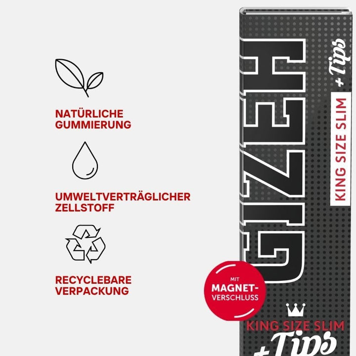 GIZEH BLACK King Size Slim + Tips - Blättchen zum Drehen - Packung mit Magnetverschluss, recyclebar